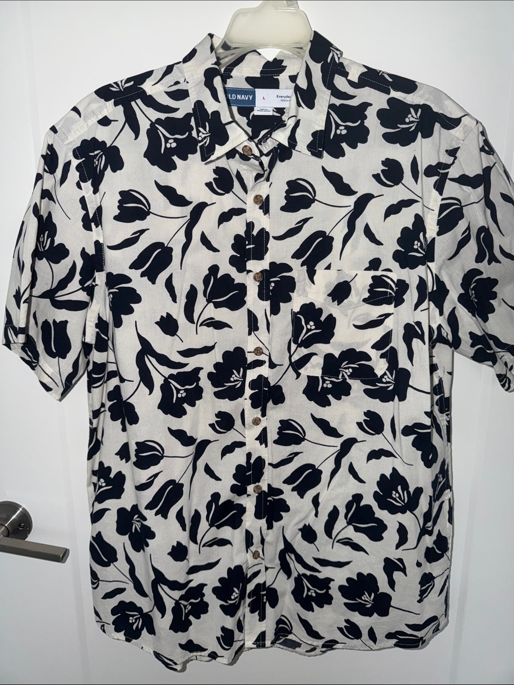 Old Navy White Short-Sleeve Button-Down Shirt with Black Floral Print
